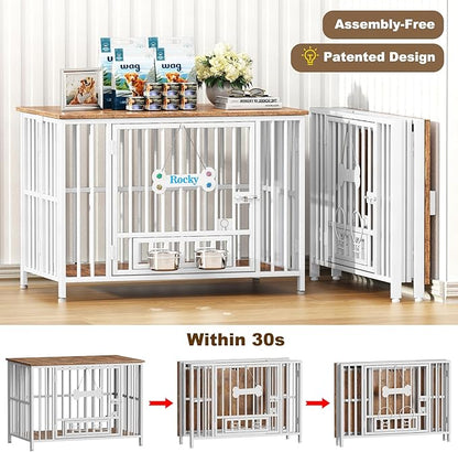 Easycom 41" Dog Crate Furniture Foldable, No Assembly Decorative Dog Kennel Indoor, Dog Crates for Large Dogs(35-60 lb), Wooden Dog Crate with Adjustable Bowls and Name Tag, End Table, White & Beech