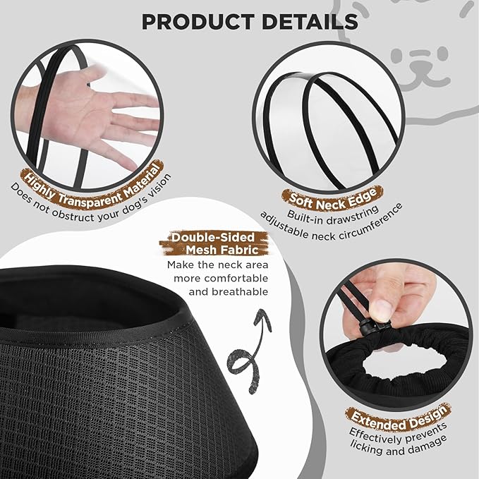 Soft Dog Cone for Dogs After Surgery,Transparent Breathable Dog Cone Collar for Small Large Medium Size Dog,Adjustable Depth Pet Recovery Collars,Elizabethan Collar for Dogs Stop Licking (Black-S)