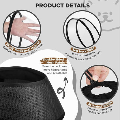 Soft Dog Cone for Dogs After Surgery,Transparent Breathable Dog Cone Collar for Small Large Medium Size Dog,Adjustable Depth Pet Recovery Collars,Elizabethan Collar for Dogs Stop Licking (Black-S)