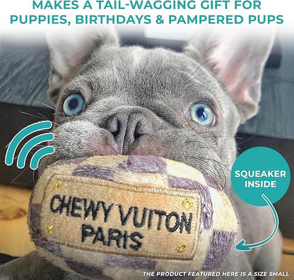 Haute Diggity Dog Chewy Vuiton Ball Plush Squeaky Dog Toy, Soft Durable Designer-Inspired Stuffed Puppy Chew Toys for Small & Medium Dogs, Machine-Washable (Tan Checker) Small