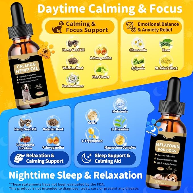 Hemp Oil & Melatonin for Dogs, Day & Night Calming Drops Support Set, Helps with Anxiety, Stress, Aggression, Separation, Relaxation & Sleep Aid