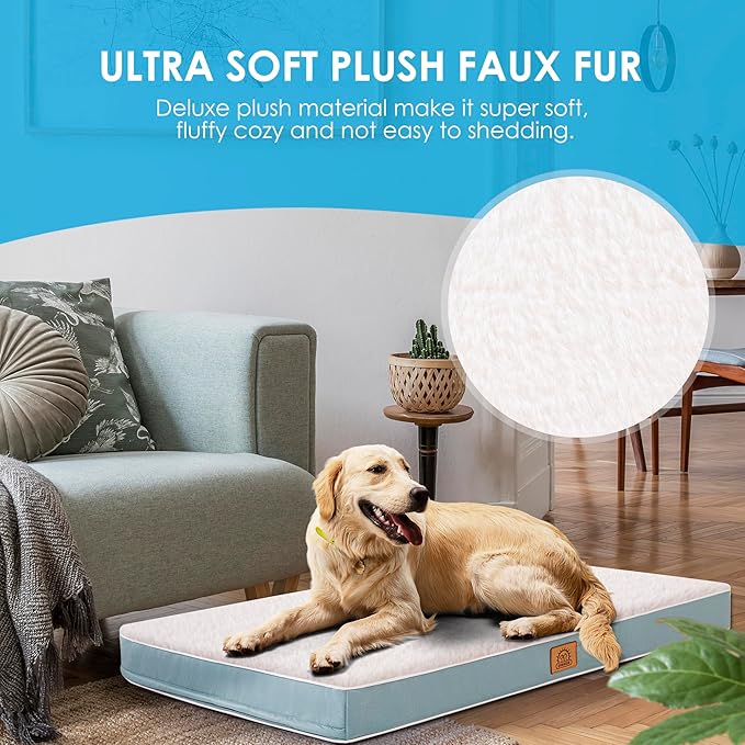 Orthopedic Dog Bed for Large Dogs - Big Waterproof Dog Crate Bed with Removable Washable Cover, Egg Crate Foam Support, Anti-Slip Bottom, Deluxe Plush Pet Bed Mat (Blue)