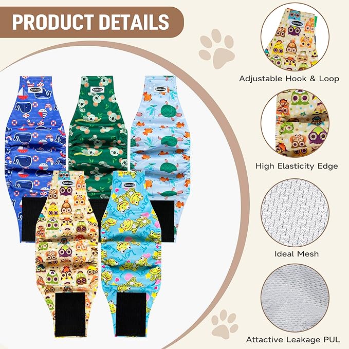 Male Dog Diapers, High Absorbing Dog Belly Bands for Male Dogs, Washable Reusable Dog Males Wraps(5 Pack)
