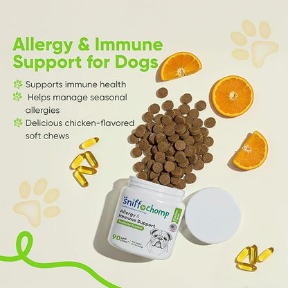 SNIFF N CHOMP Dog Allergy Chews, Chicken Flavor, Probiotics for Dogs with Quercetin Omega 3 Zinc, Seasonal Allergy Relief, Immune Support Soft Chews, Probióticos para Perros | 90 Soft Chews