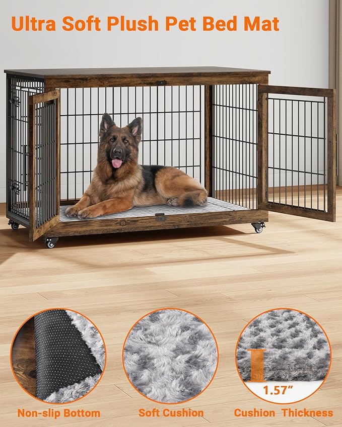 YaFiti Dog Crate Furniture with Cushion Set of 2, Wooden Dog Kennel Indoor with Double Doors, Dog Cage with Wheels, Dog House Side End Table for Large Dogs up to 85 lb, 44" L, Rustic Brown