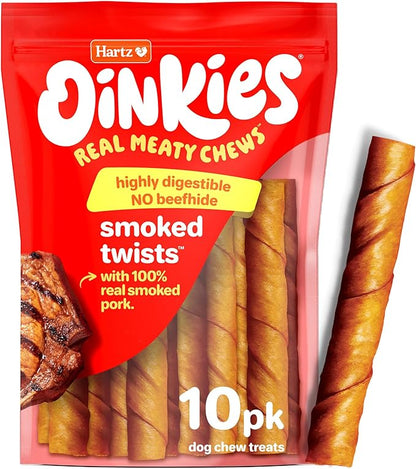 HARTZ Oinkies Natural Smoked Pig Skin Twist Dog Treat Chews - 10 Pack