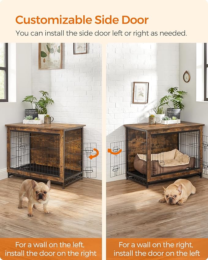 Feandrea 32.5" Dog Crate Furniture, Indoor Dog Cage Side End Table, L Pet Wood Kennel for Large and Medium Dogs up to 45 lb with Multi-Purpose Removable Tray, Double-Door Pet House, Rustic Brown