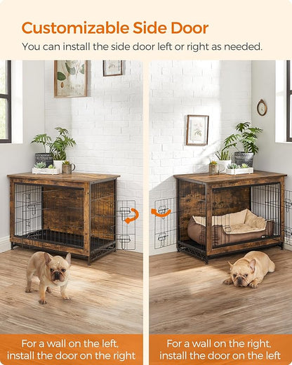 Feandrea 32.5" Dog Crate Furniture, Indoor Dog Cage Side End Table, L Pet Wood Kennel for Large and Medium Dogs up to 45 lb with Multi-Purpose Removable Tray, Double-Door Pet House, Rustic Brown