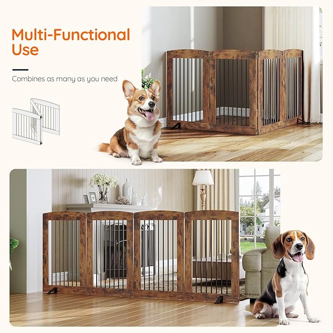 HOOBRO Indoor Dog Gate with Support Feet, 31.5 Inch 4 Panels, Freestanding Pet Gate for Doorway, Stairs, Folding Dog Fence, 360° Hinge for Easy Access, Sturdy Iron Pipe, Rustic Brown BF64PP03