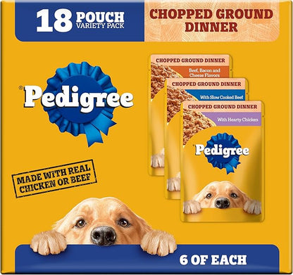 Pedigree Chopped Ground Dinner Wet Dog Food Pouches Variety Pack, 3.5 oz Pouches, 18 Count