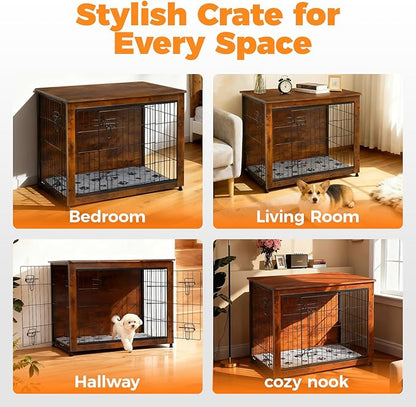 SHAWKEN Wooden & Metal Medium Dog Crate Furniture Indoor with Soft Cushion, Double-Door Dog House, 31.5" L Dog Kennel (Rustic Brown, Medium)