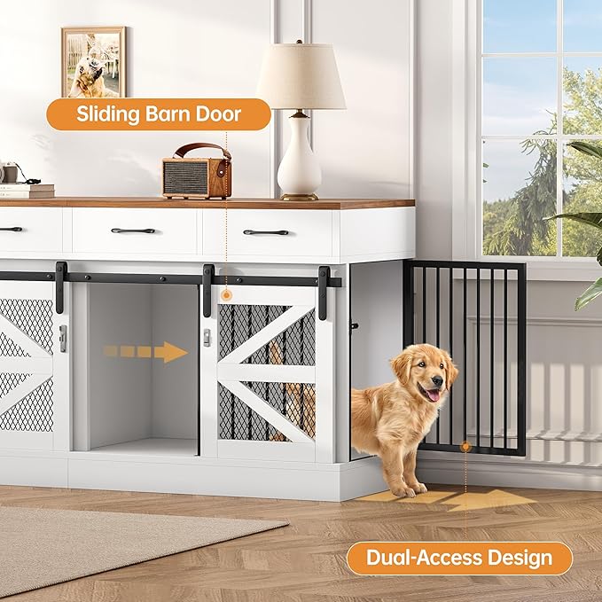 OtterOasis Extra Large Dog Crate Furniture for 2 Dogs, 71'' Dog Kennel Indoor with Removable Divider and 4 Storage Drawers, Sturdy Wooden Dog Crate TV Stand with 4 Doors for Large Medium Small Dogs
