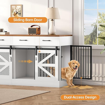 OtterOasis Extra Large Dog Crate Furniture for 2 Dogs, 71'' Dog Kennel Indoor with Removable Divider and 4 Storage Drawers, Sturdy Wooden Dog Crate TV Stand with 4 Doors for Large Medium Small Dogs