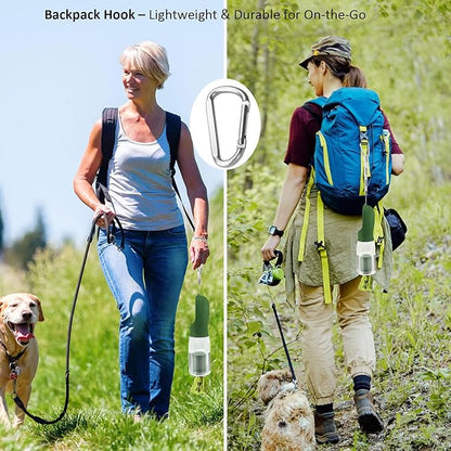 20oz Dog Water Bottle with Food Container & Poop Bag Dispenser | Leak-Proof Portable Pet Water Dispenser with Carabiner Clip | for Walking, Hiking, Travel