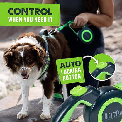 Mighty Paw Retractable Dog Leash 2.0 | 16' Heavy Duty Reflective Nylon Tape Lead for Pets up to 0-50 lbs. Tangle Free Design W/One Touch Quick-Lock Braking System & Anti-Slip Handle (Green/Lite)