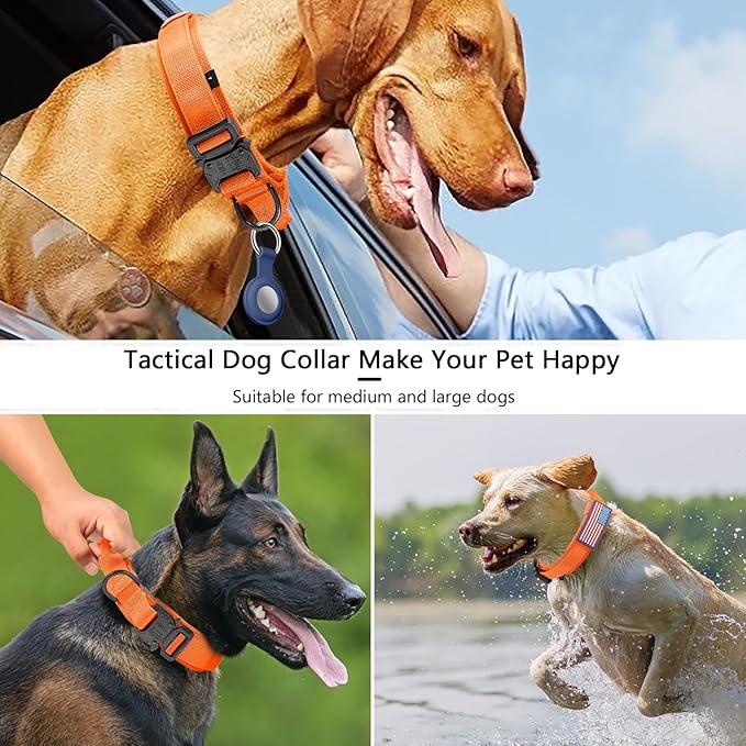 DAGANXI Tactical Dog Collar, Adjustable Military Training Nylon Dog Collar with Control Handle and Heavy Metal Buckle for Medium and Large Dogs, with Patches and Airtags Case (Orange, XL)