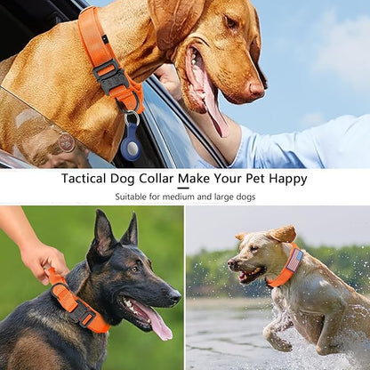 DAGANXI Tactical Dog Collar, Adjustable Military Training Nylon Dog Collar with Control Handle and Heavy Metal Buckle for Medium and Large Dogs, with Patches and Airtags Case (Orange, L)