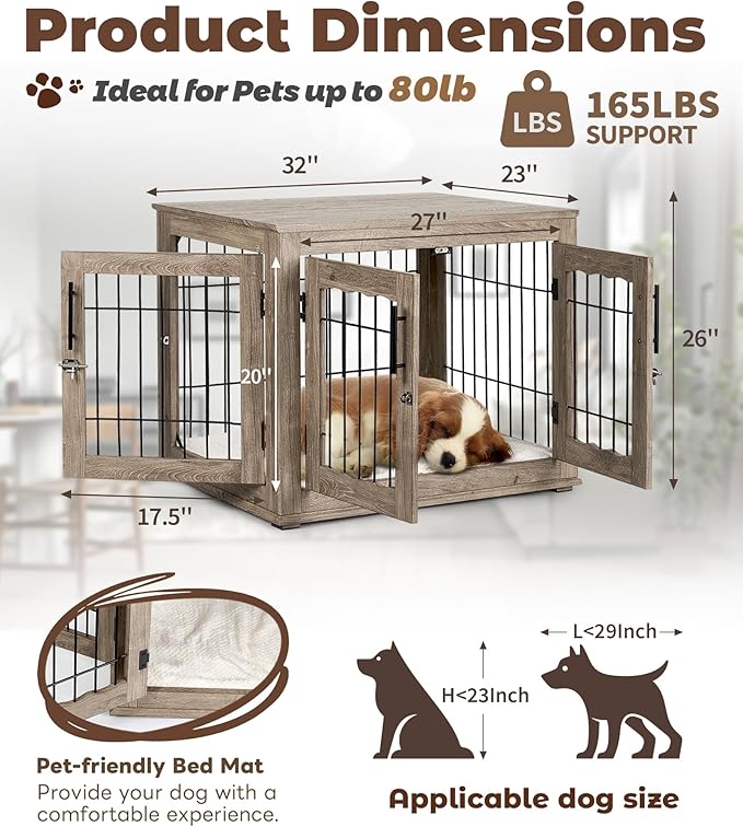 Upolana Dog Crate Furniture, 32 inch Medium Dog Crates with Bed Mat, Wooden Dog Kennel Furniture, End Side Table Dog Cage with 3 Doors, Greige
