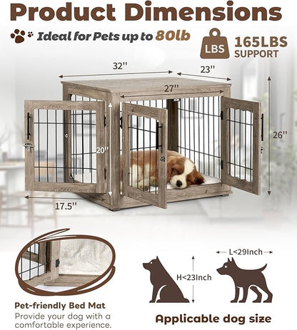 Upolana Dog Crate Furniture, 32 inch Medium Dog Crates with Bed Mat, Wooden Dog Kennel Furniture, End Side Table Dog Cage with 3 Doors, Greige