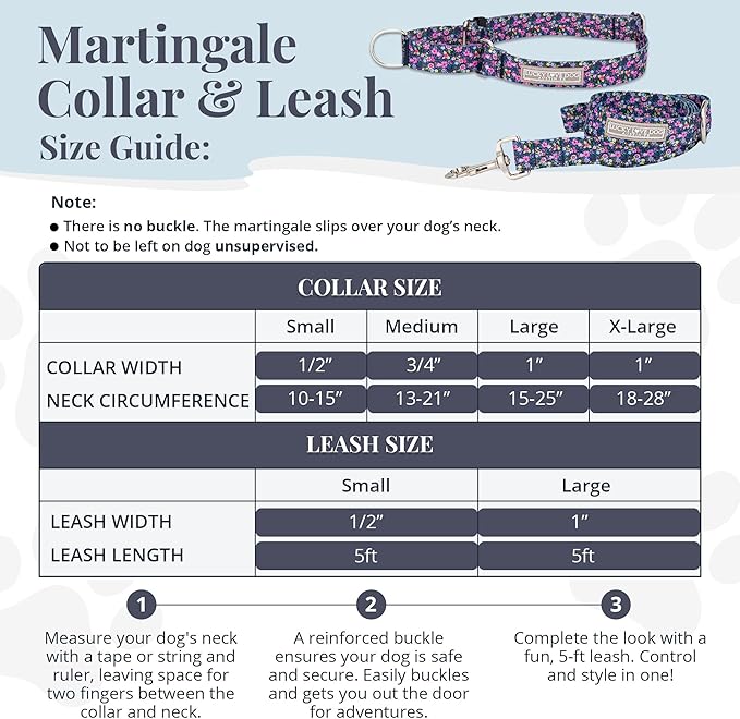 Lucky Love Dog Martingale Dog Collar & Leash - Adjustable, No-Slip, Durable, Comfortable, Soft Webbing, & Stylish Patterned Collar & Leash Set for Male and Female Dogs - Primrose Combo, Small
