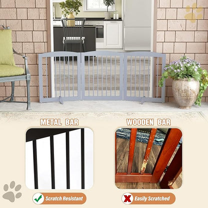 PUPETPO Freestanding Pet Gate for Dogs, Foldable Wooden Dog Gate for House, Indoor Dog Gate for Doorways, Stairs, Gates for Dogs Indoor, Support Feet Included, 24" Height 3 Panels, Grey