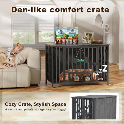 Easycom Foldable Large Dog Crate Furniture, 41.3" Assembly-Free Dog Crates for Large Dogs, Decorative Wooden Dog Kennel Indoor with Tag & Dog Bowls, Dog Cage Use as TV Stand, Dark Grey