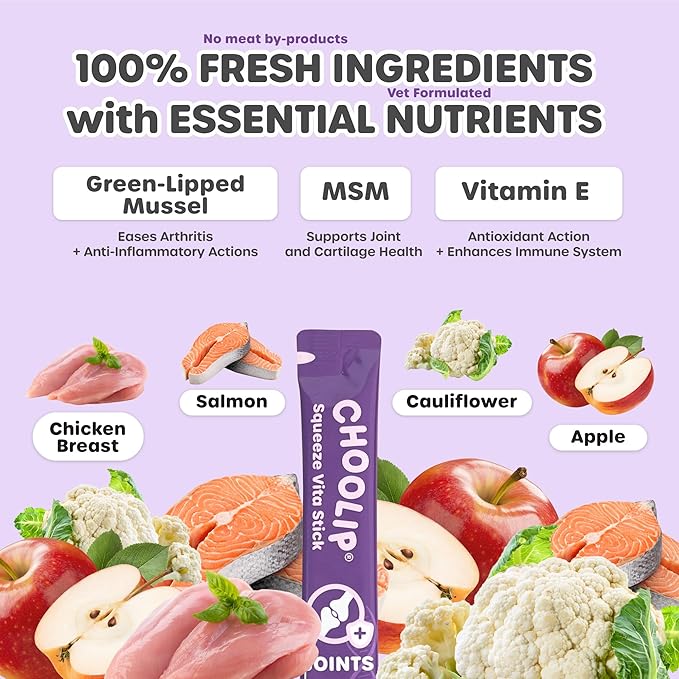 Choolip Squeeze Vita Stick Lickable Cat and Dog Treats, 7-Count Joint Support, Chicken and Salmon with MSM, Green-Lipped Mussel and Vitamin E, Vet-Formulated