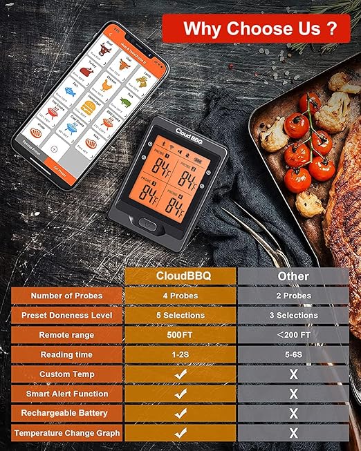 500FT Digital Meat Thermometer Wireless with Multy Probes Bluetooth Kitchen Thermometer for Smoker Grilling Oven (FS66N)