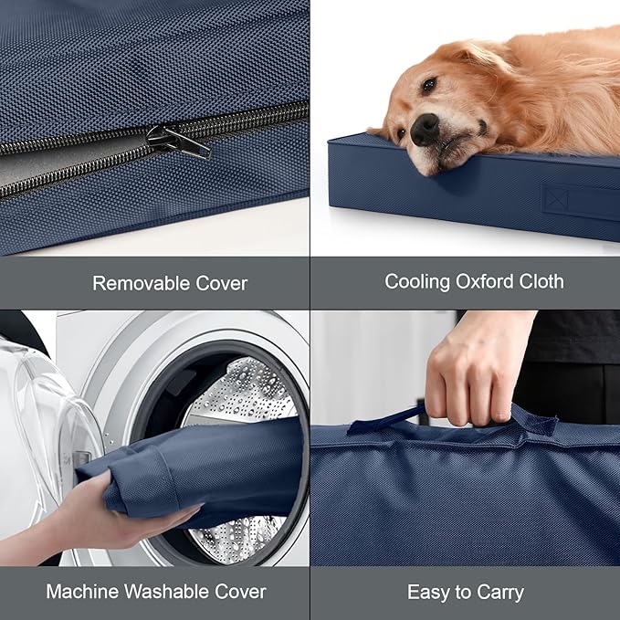 Outdoor Extra Large Dog Bed, Jumbo Waterproof Dog Bed for Large Dogs, Orthopedic Egg Crate Foam Pet Mat with Removable Oxford Cooling Cover, Navy