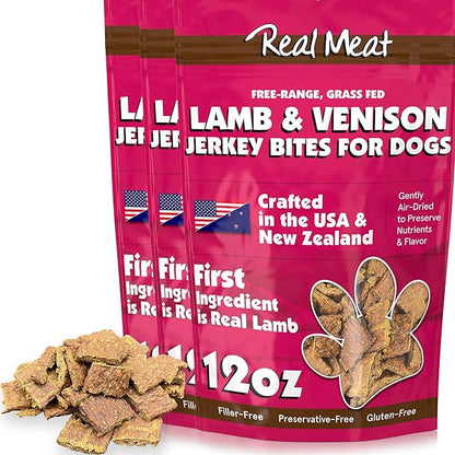 TRMC Real Meat Dog Treats - Three 12oz Bag of Bite-Sized Air-Dried Lamb & Venison Jerky for Dogs - Grain-Free Jerky Dog Treats with 95% All-Natural, Free-Range, Grass Fed Lamb & Venison