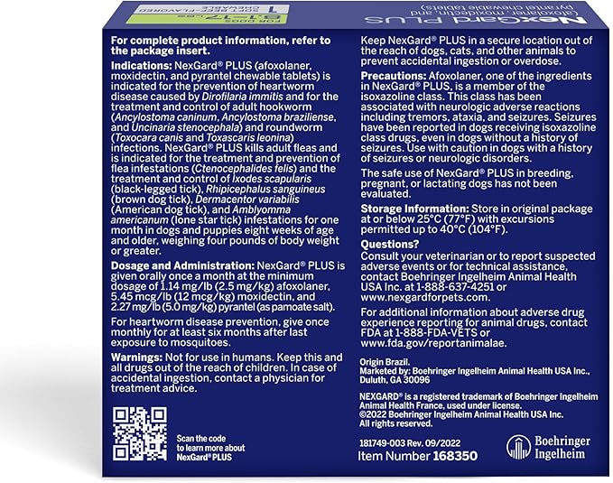 NexGard Plus (afoxolaner, moxidectin, and pyrantel) Flea and Tick Protection & Heartworm Preventive for Dogs Soft Beef Flavored Chewables, 8.1-17 lbs. (Green) 1 Chew (1 Month Supply)