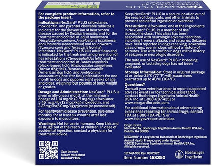 NexGard Plus (afoxolaner, moxidectin, and pyrantel) Flea and Tick Protection & Heartworm Preventive for Dogs Soft Beef Flavored Chewables, 8.1-17 lbs. (Green) 1 Chew (1 Month Supply)