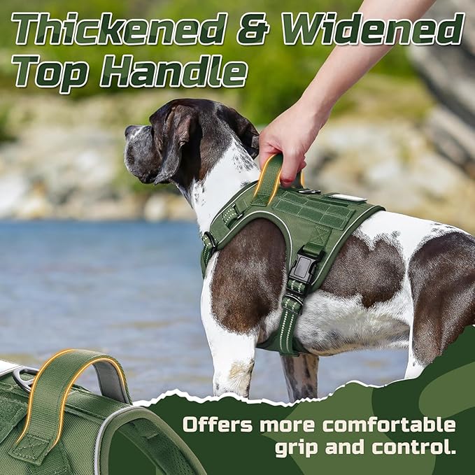 rabbitgoo Tactical Dog Harness for Large Dogs, No Pull Military Service Vest with Handle & Molle, Easy Control for Training Walking, Adjustable Reflective Straps, Green, XL