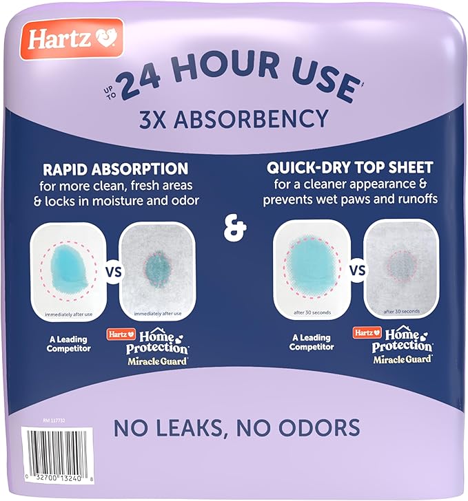 Hartz Miracle Guard Dog and Puppy Dog Pads Max Absorbency 24 Hour Use Odor Eliminating Lavender Scented No Leaks, X-Large Size 30 Count
