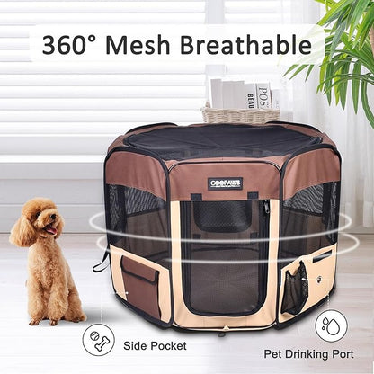 JESPET 61" Pet Dog Playpens, Portable Soft Dog Exercise Pen Kennel with Carry Bag for Puppy Cats Kittens Rabbits, Brown