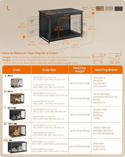 Feandrea 38.6" Dog Crate Furniture, Indoor Dog Cage Side End Table, XL Pet Wood Kennel for Large and Medium Dogs up to 70 lb with Multi-Purpose Removable Tray, Double-Door Pet House, Ink Black