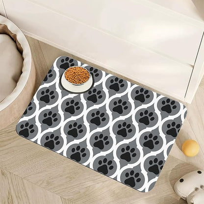 Gray Paw Print Geometric Dog Cat Food Mat,Absorbent Pet Feeding Mat for Food and Water,Non-Slip Dog Bowl Mats Floor Protector 16"x24"