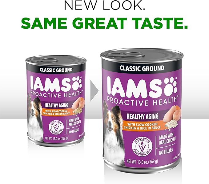 IAMS Proactive Health Senior Wet Dog Food, Classic Ground Dog Wet Food, Slow Cooked Chicken and Rice, 13 oz. Cans (Pack of 12)