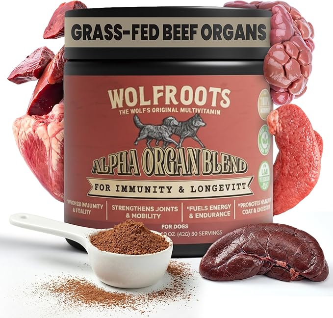 Alpha Organ Blend for Dogs - Grass Fed Beef Liver Heart Kidney Pancreas Spleen Powder - Freeze Dried Dog Vitamin Minerals - Supports Immunity Joints Skin Coat Energy - All Breeds 30 Servings