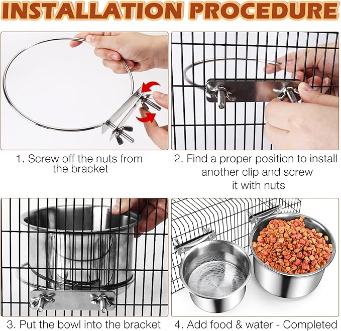 Crate Food and Water Bowl, ShineMe 2 Pack Stainless Steel Hanging Pet Bowls for Crates Kennels Cages, Metal Dog Crate Bowls Hanging No Spill for Medium and Large Pets (7.1 * 3.5” & 5.5 * 3.2”)