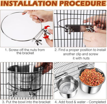 Crate Food and Water Bowl, ShineMe 2 Pack Stainless Steel Hanging Pet Bowls for Crates Kennels Cages, Metal Dog Crate Bowls Hanging No Spill for Medium and Large Pets (7.1 * 3.5” & 5.5 * 3.2”)