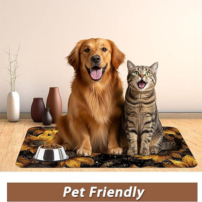 Sunflower Vintage Pet Feeding Mat,Absorbent Quick-Dry Cat Dog Food and Water Bowl Mats, Non-Slip Rubber Backing Mat,Cat Dog Accessories Supplies 12"x20"