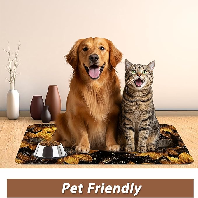 Sunflower Vintage Pet Feeding Mat,Absorbent Quick-Dry Cat Dog Food and Water Bowl Mats, Non-Slip Rubber Backing Mat,Cat Dog Accessories Supplies 16"x24"