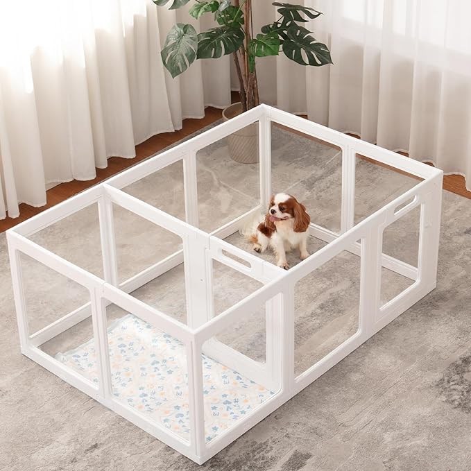Clear Acrylic Dog Playpen Indoor, Puppy Cat Small Pet Play Pen, Pet Cat Playpen for Rabbits, Dog Fence Crate Kennel Whelping Cage (White, 12 Panel)