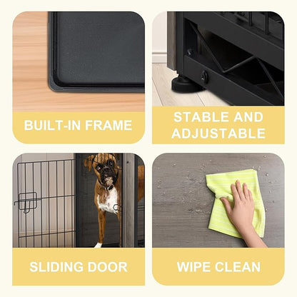 JY QAQA Dog Crate Furniture, Wooden Dogs Crate Table, Double-Doors Dog Furniture, Indoor Dog Kennel, Dog House, Dog Cage/Grey/XL