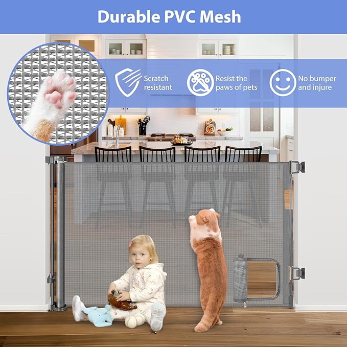Retractable Dog Gate with Cat Door 55" Wide Retractable Pet Gate with Cat Door Mesh Dog Gate Retractable Baby Gates for Doorway Retractable Puppy Gate for The House Retractable Outdoor Gate for Deck