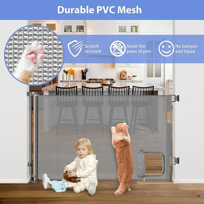 Retractable Dog Gate with Cat Door 55" Wide Retractable Pet Gate with Cat Door Mesh Dog Gate Retractable Baby Gates for Doorway Retractable Puppy Gate for The House Retractable Outdoor Gate for Deck