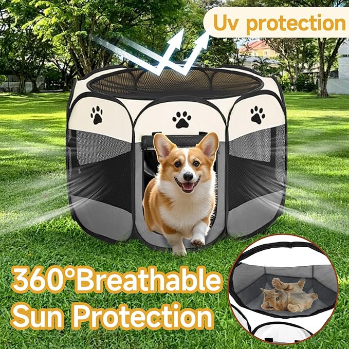 Dog Playpen, Pet Puppy Playpen Indoor for Small Dogs Tent Crates Cage Outdoor, Portable Pop Up Dog Kennel Playpen Cat Tent for Dogs/Cats/Rabbits, Removable Zipper Top, Grey