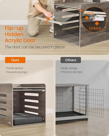 Feandrea Modern Dog Crate Furniture with Charging Station, Small Kennel Indoor with Flip-up Hidden Acrylic Door, for Small and Medium Dogs up to 22 lb, Pet Side End Table Cage, Heather Greige