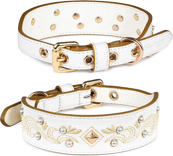 Blueberry Pet Western Genuine Leather Dog Collar for Small Breeds, Pearl White - Floral Embroidery, Pearl Studs, Adjustable 12-15 Inch Neck